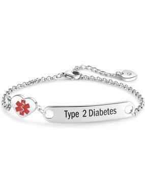 Women's Type 2 Diabetes Heart Medical Alert Stainless Steel Chain Bracelet